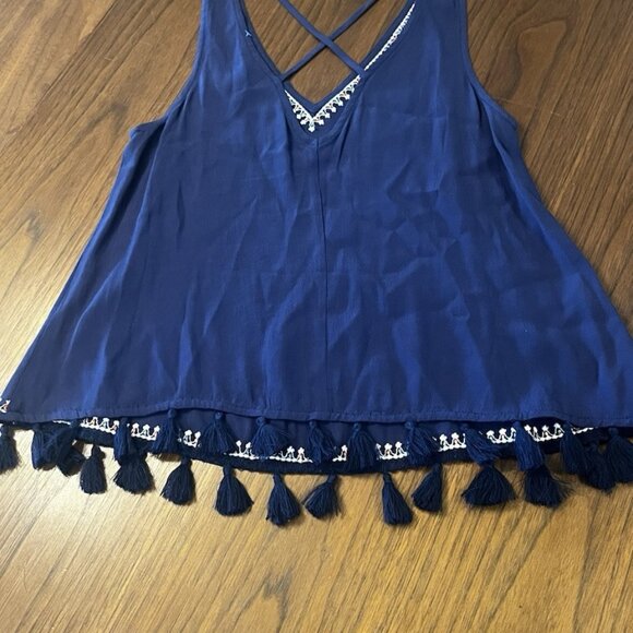 Sugar Lips Blue Embroidered Tassel V Neck Tank Top Womens Size XS - Picture 4 of 6